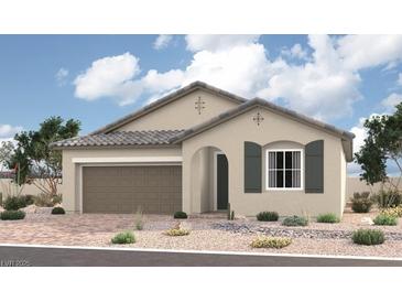 Charming single-story home featuring stucco siding, a gray tile roof, and a well-manicured desert landscape at 115 Electrum Ave, Las Vegas, NV 89108