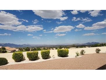 Wide-open backyard with mature shrubs, desert landscaping, and a view of the valley and mountains at 2904 Bow Bridge Dr, Las Vegas, NV 89134
