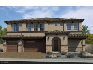 Charming two-story home with a tile roof, stone accents, and attached two-car garage at 7665 Serenity Bay Ln # Lot 58, North Las Vegas, NV 89084
