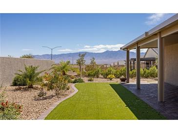 Beautiful backyard featuring a covered patio, artificial turf, and desert landscaping with mountain views at 1047 Atkins Ln, Mesquite, NV 89027