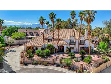 Expansive home featuring a clay tile roof, lush landscaping, and mature palm trees at 2771 S Buffalo Dr, Las Vegas, NV 89117