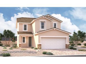 Charming two-story home boasts a neutral palette and a convenient two-car garage, plus desert landscaping at 9885 Angel Valley Dr, Las Vegas, NV 89178