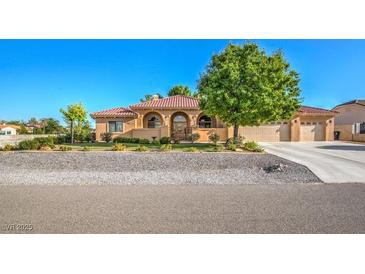 A single story home with a terra cotta colored roof, arched entryway and mature landscaping at 5701 Mary Lou St, Pahrump, NV 89061