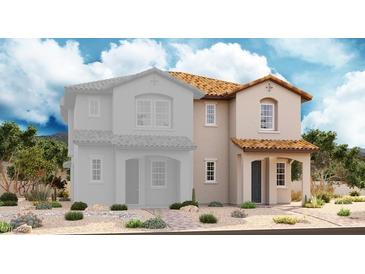 Inviting two-story home featuring a tile roof, covered entry, and landscaped front yard at 612 Celebratory Pl, Henderson, NV 89011