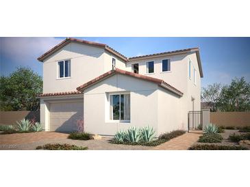 Charming two-story home featuring a garage, desert landscaping, and a red tile roof at 9232 Copernicus Ave, Las Vegas, NV 89143