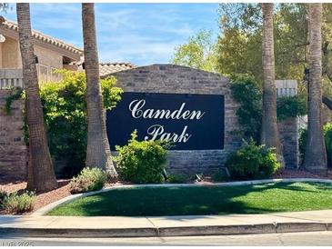 Camden Park community sign framed by palm trees and lush landscaping at 1454 Erskine Ave, Las Vegas, NV 89123