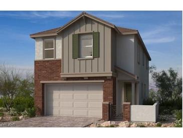 Two-story home with brick and siding, complemented by a two-car garage and well-manicured landscaping at 148 Silver Run Lane, Las Vegas, NV 89138