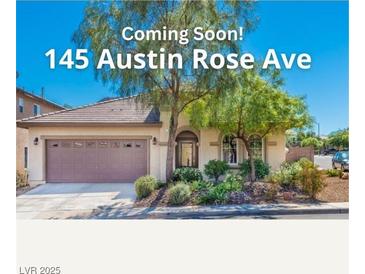 Charming single-story home with a two-car garage and desert landscaping, a coming soon property at 145 Austin Rose Ave, Henderson, NV 89002