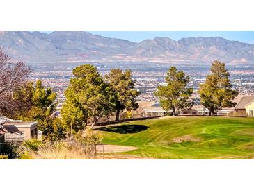 Expansive backyard view showcasing lush green grass, mature trees, and panoramic mountain vistas in a serene setting at 2702 Grand Forks Rd, Henderson, NV 89052