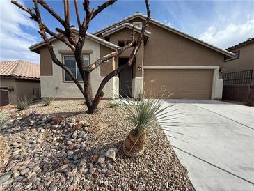 Inviting single-story home with a two-car garage and desert landscaping at 5019 Quiet Falls Ct, Las Vegas, NV 89141