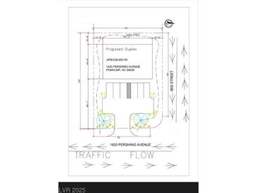 Plot plan of proposed duplex at 1620 Pershing Avenue, Pahrump, NV with dimensions and traffic flow at 1620 Pershing Ave, Pahrump, NV 89048