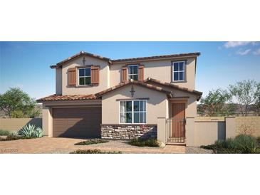 Charming two-story home with a neutral color palette, shutters, stone accents, and a beautifully landscaped front yard at 765 Cloud Creek St, Henderson, NV 89011