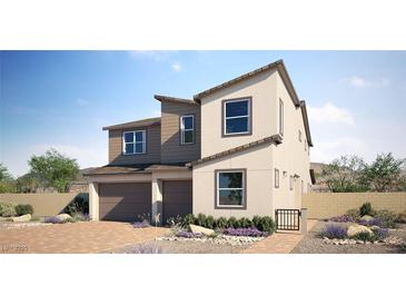 Inviting two-story home featuring a two-car garage, desert landscaping, and a private courtyard entry at 9420 Observatory St, Las Vegas, NV 89143
