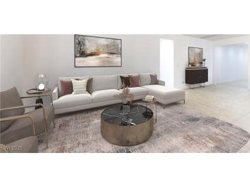 Bright living room featuring a modern sectional sofa, stylish decor, and contemporary furnishings on a patterned rug at 10742 Cowlite Ave, Las Vegas, NV 89166