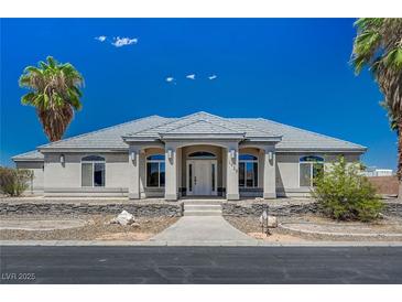 Charming single-story home with beautiful desert landscaping and a well-maintained front yard at 1420 Logandale Dr, Logandale, NV 89021