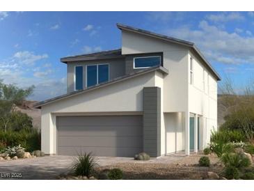 Two-story home showcasing modern architecture with neutral tones, clean lines, and large windows under a bright sky at 10315 Water Knot Ave, Las Vegas, NV 89166