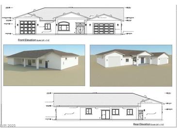 Front and rear elevation drawing of single-story home with attached garages, shows roofline and overall structure at 1760 Omaha Ave, Pahrump, NV 89048