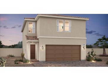 Two-story home featuring a brown garage door, desert landscaping, and a covered porch entry at 8119 Beebrush Ct, Las Vegas, NV 89113