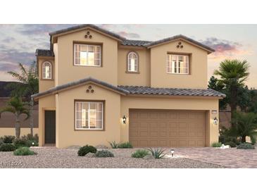 Two-story tan home featuring a gray roof, desert landscaping, and a two car garage at 878 Lorden St, Henderson, NV 89011