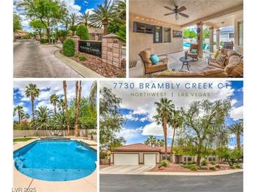A masterfully designed community entrance with lush landscaping and clear signage, creating an inviting atmosphere at 7730 Brambly Creek Ct, Las Vegas, NV 89129