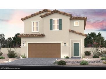 Charming two-story home with a desert landscape and a neutral color palette and brown tile roof at 9687 Biedler Ct # Lot 2, Las Vegas, NV 89178