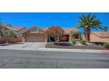 Charming single-story home featuring mature landscaping, a two-car garage, and a well-maintained yard at 9512 Quail Ridge Dr, Las Vegas, NV 89134