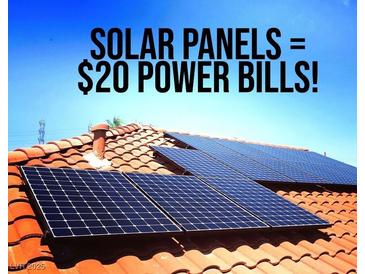 Solar panels installed on a red tile roof resulting in very low monthly power bills at 5079 Quiet Falls Ct, Las Vegas, NV 89141