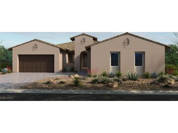 A single-story home features desert landscaping and an attached two-car garage at 237 Paraggi Bay Dr, Henderson, NV 89011