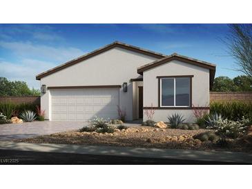 Charming single-story home featuring a two-car garage, desert landscaping, and a modern exterior design at 4200 E Brusca Way, Pahrump, NV 89061