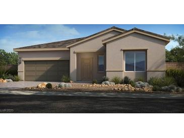 Charming single-story home with a neutral color scheme, a well-manicured lawn, and a two-car garage at 4360 E Brusca Way, Pahrump, NV 89061
