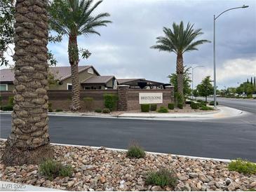 View of the Bristlecone community entrance sign, lush landscaping, and desert plants at 7265 Southern Magnolia St, Las Vegas, NV 89149