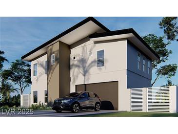 Contemporary two-story home with modern architecture, a two-car garage and simple landscaping at 6503 Adrian Ridge Ct, Las Vegas, NV 89149
