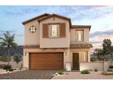 Charming two-story home featuring a tile roof, tan stucco, desert landscaping, and a two-car garage at 8897 Wallner St, Las Vegas, NV 89166