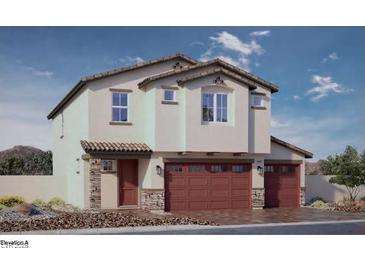 Charming two-story home features a tile roof, three car garage, and stone accents at 1209 Dre Harbor Pl # 82, North Las Vegas, NV 89084