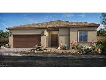Charming single story home boasts neutral color palette, desert landscaping, and two-car garage at 4350 E Brusca Way, Pahrump, NV 89061