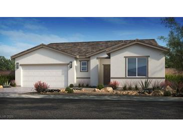 Charming single-story home featuring a two-car garage, neutral tones, and desert landscaping at 4450 E Brusca Ct, Pahrump, NV 89061