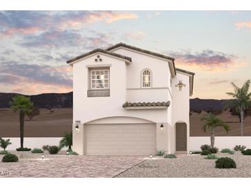 Charming two-story home features a neutral palette, tile roof, desert landscaping, and an attached two-car garage at 887 Arbor Spring St, Henderson, NV 89011