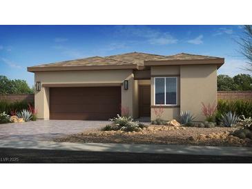 Charming single-story home featuring a neutral color palette, well-manicured front yard, and an attached two-car garage at 4140 E Brusca Way, Pahrump, NV 89061