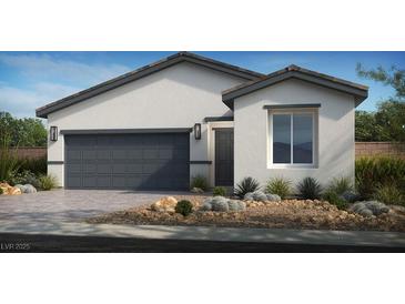 Charming single-story home featuring a grey garage door, neutral paint, desert landscaping, and modern architectural details at 4160 E Brusca Way, Pahrump, NV 89061