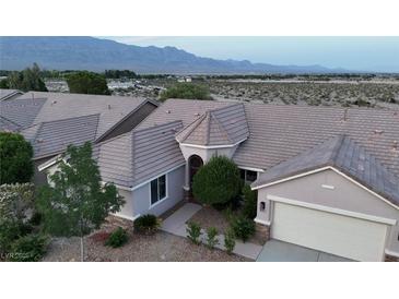 Aerial view of a single-story home with a well-manicured yard and a mountain backdrop at 8616 Willow Cabin St, Las Vegas, NV 89131