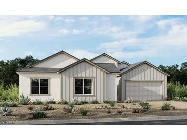 Charming single-story home featuring board and batten siding, a two-car garage, and well manicured landscaping at 490 Carter House Ave, Las Vegas, NV 89138