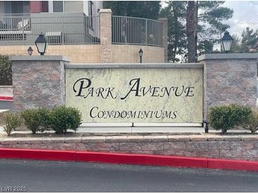 Park Avenue Condominiums sign provides community information and street view at 15 E Agate Ave # 202, Las Vegas, NV 89123