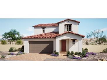 Charming two-story home features a terracotta roof, neutral stucco, and an attached two car garage at 634 Poplar Pine St, Henderson, NV 89011
