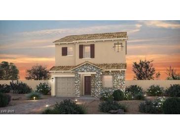 Charming two-story home with stone accents, desert landscaping, and a cozy, inviting facade at sunset at 83 Cashmere Waltz Pl, Henderson, NV 89011