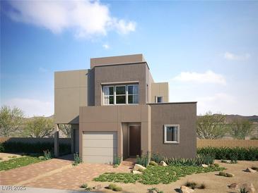 Modern two-story home with desert landscaping, private entrance, and attached one-car garage at 1799 Passerine St, Las Vegas, NV 89138