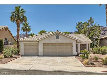 Charming single-story home with a two-car garage, desert landscaping, and mature palm trees in a desirable neighborhood at 735 Wolf Point St, Henderson, NV 89002