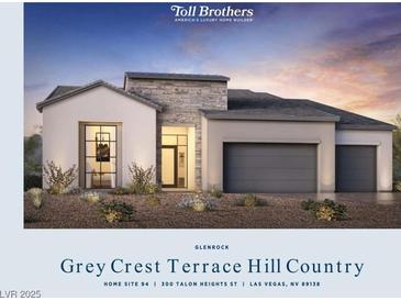 Modern home with stone accents, gray garage doors, and professional landscaping at 300 Talon Heights St, Las Vegas, NV 89138