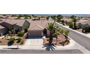 Charming single-story home featuring a tile roof and desert landscaping including a palm tree at 2221 River Grove Dr, Henderson, NV 89044