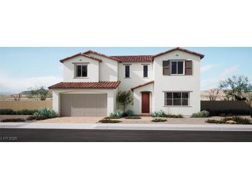 Charming two-story home with a red tile roof, two car garage and desert landscaping at 9413 Siren Call Ave, Las Vegas, NV 89143