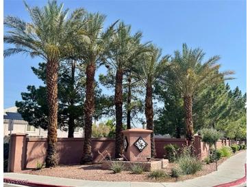 Beautiful entrance to Cheyenne Hills featuring mature palm trees and manicured landscaping at 507 Satin Saddle Pl, Henderson, NV 89052